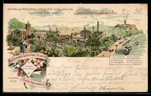 Lithographie Halle / Saale, Gasthaus Gibichenstein mit Brauerei