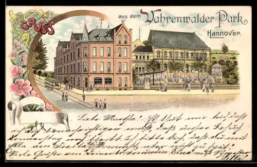 Lithographie Hannover, Gasthaus Vahrenwalder Park mit Strassenbahn