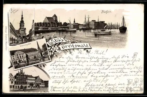 Lithographie Greifswald, Universität, Alte Häuser am Markt, Nicolaikirche, Hafen