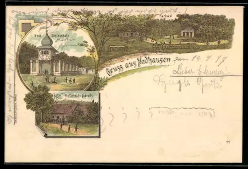 Lithographie Nordhausen, Neue Schiesshalle mit Gasthof und Karlsaal