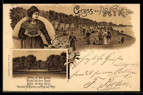 Lithographie Wyk a. Föhr, Partie am Strand, Blick zum Königsgarten