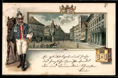 Lithographie Regensburg, Strassenpartie am Haidplatz, Postillon stellt einen Brief zu