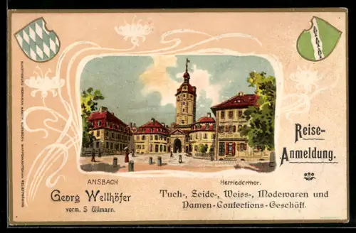 Lithographie Ansbach, Ortspartie mit Herriederthor und Wappen