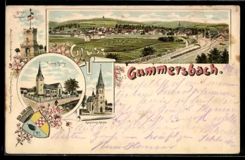 Lithographie Gummersbach, Evang. Kirche, Kriegerdenkmal, Panorama