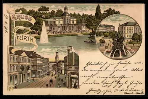 Lithographie Fürth, Bahnhofsplatz mit Kunstbrunnen, Schwabacherstrasse mit Rathaus, Stadtpark