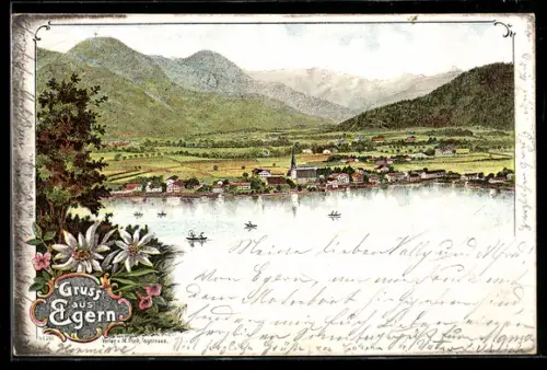Lithographie Egern, Ortsansicht mit Bergpanorama, Edelweiss