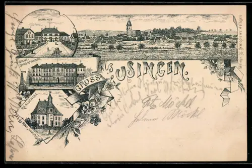 Lithographie Usingen, Ortsansichten mit Bahnhof, Kgl. Lehrerseminar und Realschule