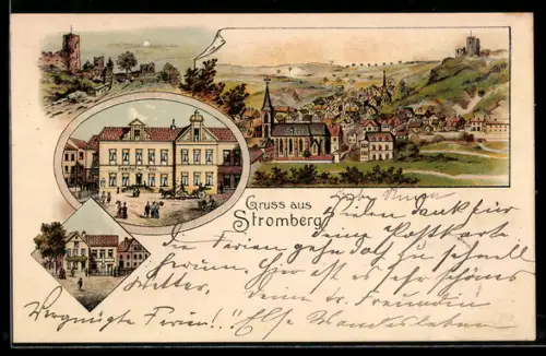 Lithographie Stromberg / Hunsrück, Totalansicht mit Gasthof zur Post