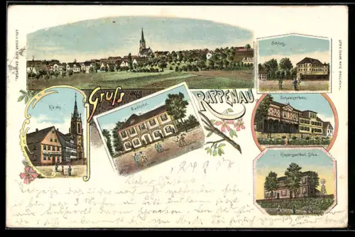 Lithographie Rappenau, Badhotel, Schloss, Schweizerhaus und Kindersoolbad Silva