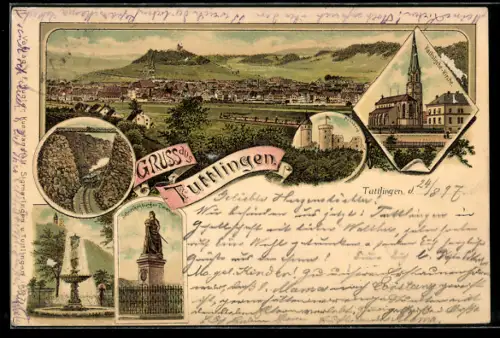 Lithographie Tuttlingen, Hohnberg, Schneckenburger Denkmal, katholische Kirche und Totalansicht