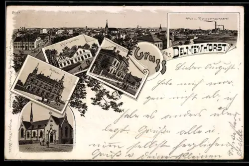 Lithographie Delmenhorst, Gasthaus zum Thiergarten, Bes. B. Wechsel, Postamt, Bürgerschule, Wollspinnerei