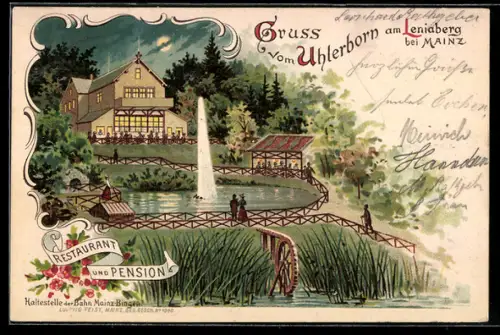 Lithographie Uhlerborn, Restaurant & Pension am Leniaberg bei Nacht, See mit Fontäne
