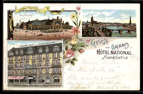Lithographie Frankfurt /Main, Grand Hotel National, Hauptbahnhof, Gesamtansicht