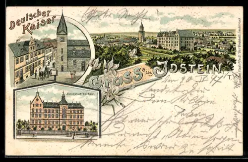 Lithographie Idstein, Teilansicht, Baugewerkschule und Strassenpartie mit Kirche