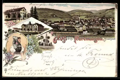 Lithographie Furtwangen /Schwarzw., Uhrmacherschule, Gewerbeausstellung, Schwarzwälderin, Ortsansicht
