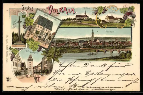 Lithographie Volkach, Obere Hauptgasse, Rathaus mit Brunnen, Gesamtansicht