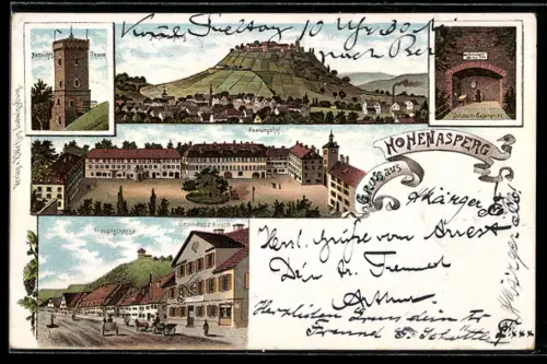 Lithographie Hohenasperg, Ortsansicht mit Schloss, Festungshof, Hauptstrasse mit Gasthaus zum Hirsch