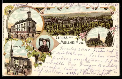 Lithographie Müllheim i. B., Totalansicht des Ortes, Katholische und Evangelische Kirche und Rathaus