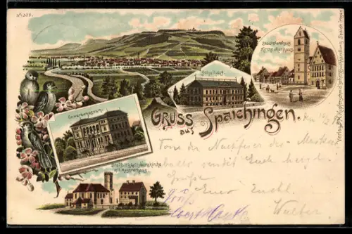 Lithographie Spaichingen, Gesamtansicht, Gewerbemuseum, Dreifaltigkeitskirche und Stadtpfarrkirche