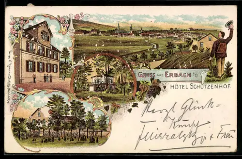 Lithographie Erbach i. O., Totalansicht des Ortes und Hotel Schützenhof