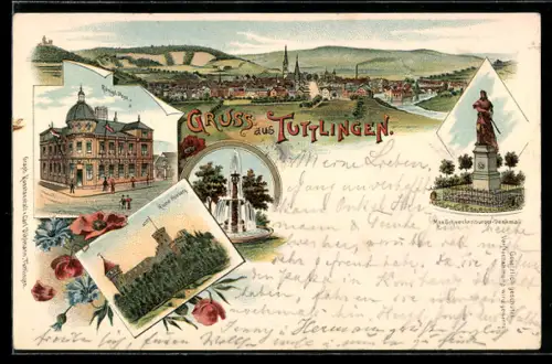 Lithographie Tuttlingen, Königl. Post, Max Schneckenburger Denkmal