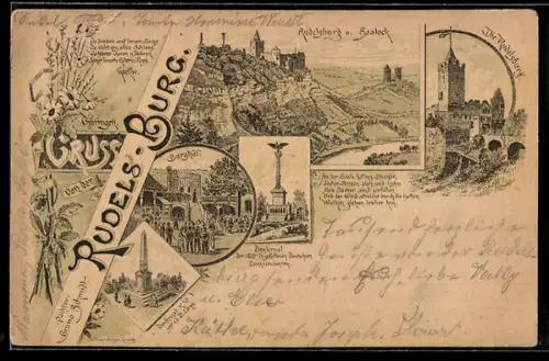 Lithographie Saaleck, Blick auf Rudelsburg und Saaleck