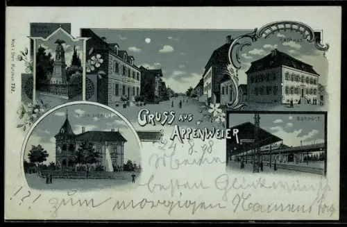 Mondschein-Lithographie Appenweier, Ortspartie, Kriegerdenkmal, Villa Siebert, Bahnhof und Rathaus