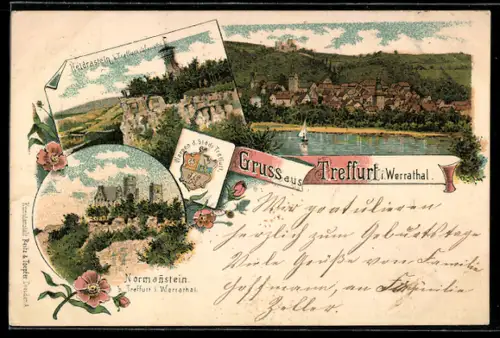 Lithographie Treffurt i. Werrathal, Heldrastein, Normanstein, Gesamtansicht mit Segelboot