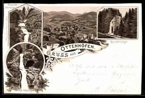 Lithographie Ottenhöfen, Totalansicht, Ruine Allerheiligen und Wasserfall Edelfrauengrab