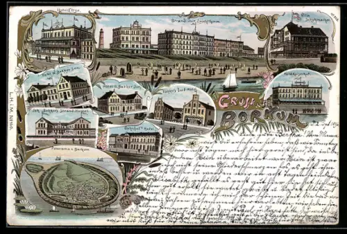 Lithographie Borkum, Köhler`s Dorf-Hotel, Hotel O. Bakker Jun., Bahnhof`s Hotel