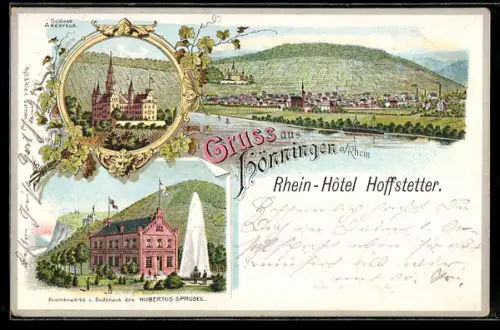Lithographie Bad Hönningen, Totalansicht, Schloss Arenfels, Brunnenwerke & Badehaus des Hubertus-Sprudel