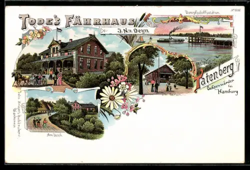 Lithographie Hamburg-Tatenberg, Tode`s Fährhaus, Dampfschiffstation und Deichpartie
