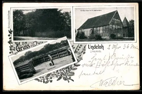 AK Undeloh /Lüneb. Haide, Gasthaus von H. Witte, Kirche und Bienenzaun