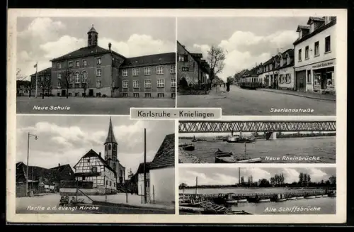 AK Karlsruhe-Knielingen, Neue Schule, Evangelische Kirche, Partie in der Saarlandstrasse