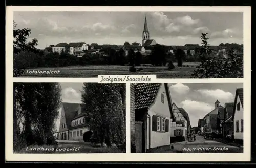 AK Jockgrim /Saarpfalz, Totalansicht, Landhaus Ludovici und Partie in der Strasse