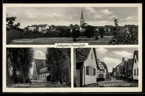 AK Jockgrim /Saarpfalz, Totalansicht, Landhaus Ludovici und Partie in der Strasse