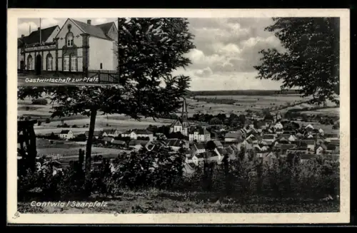 AK Contwig /Saarpfalz, Totalansicht mit Kirche und Gasthaus zur Pfalz