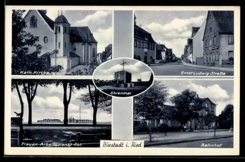 AK Bürstadt i. Ried, Katholische Kirche, Ehrenmal und Bahnhof