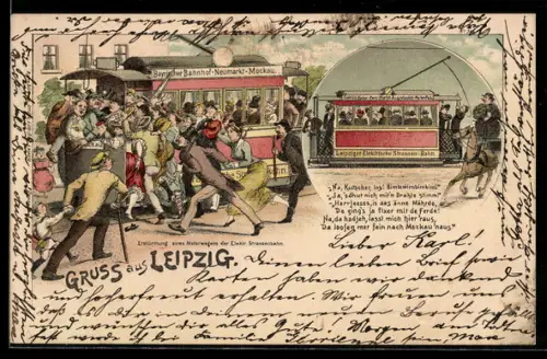 Lithographie Leipzig, Menschenmenge drängt sich in eine überfüllte Strassenbahn