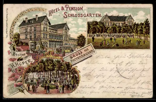 Lithographie Hannover-Herrenhausen, Hotel & Pension Schlossgarten