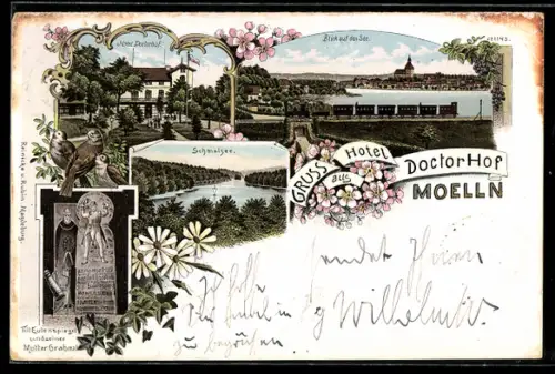 Lithographie Moelln, Aussenansicht des Hotels Doctorhof, Blick auf den See und Till Eulenspiegel Grabmal