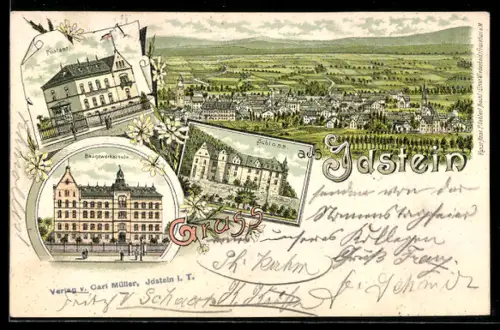 Lithographie Idstein, Totalansicht des Ortes, Schloss und Postamt