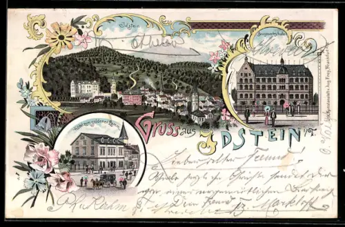 Lithographie Idstein i. T., Totalansicht mit Kirche, Baugewerkschule und Hotel zum goldenen Lamm