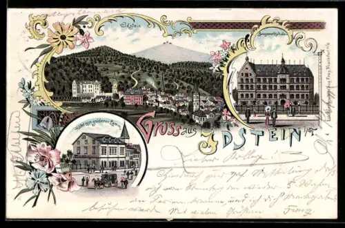 Lithographie Idstein i. T., Totalansicht, Baugewerkschule und Hotel zum goldenen Lamm