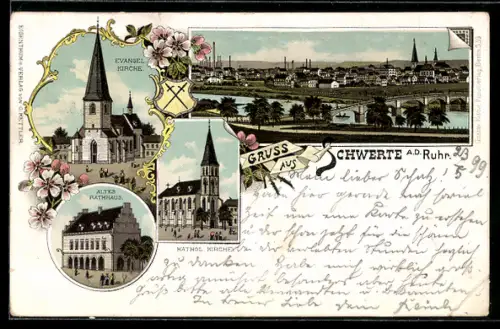 Lithographie Schwerte a. d. Ruhr, Totalansicht, Evangelische und katholische Kirche, Altes Rathaus