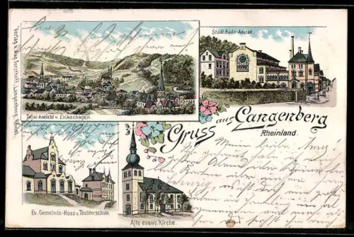 Lithographie Langenberg /Rheinland, Totalansicht von Eickeshagen, Städtische Bade-Anstalt und evangelische Kirche