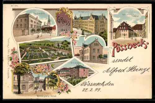 Lithographie Pössneck, Diverse Schulen des Ortes, darunter Bürgerschule und Privatschule