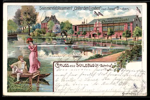 Lithographie Schlebusch, Sommeretablissement Unter den Linden v. Josef Linden, angelnde Frau auf dem Steg