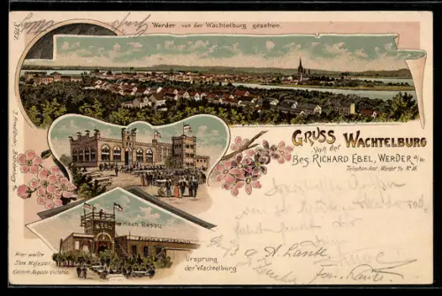 Lithographie Werder a. H., Totalansicht mit Restaurant Wachtelburg