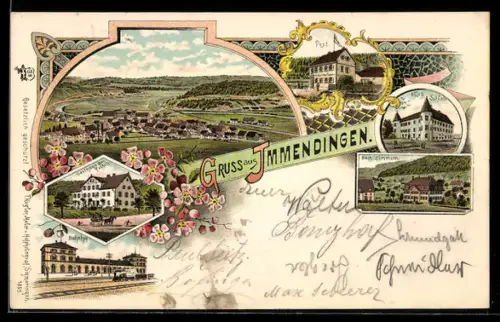 Lithographie Immendingen, Bahnhof, Gasthaus zum Falken, Altes Schloss, Eisenbahn